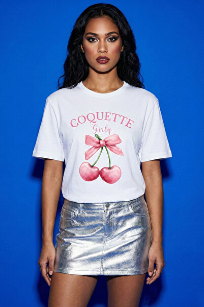 VOSSAX Women's White Oversized Coquette Girly Cherry and Bow Printed 100% Cot...