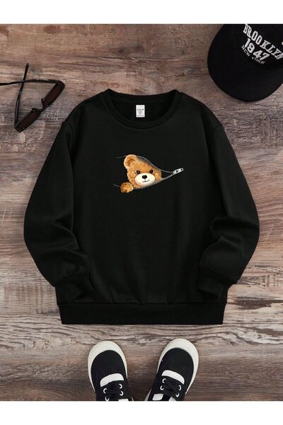 Kids Унисекс зимна блуза с принт на мечка и цип, черна