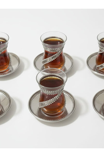 nowapazar NOSTALJİ GÜMÜŞ İŞLEMELİ KABARTMALI 6 KİŞİLİK ÇAY BARDAGİ VE ALTLIĞI