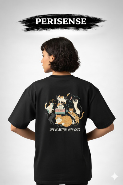 PERISENSE Unisex Cat Lover Printed Premium Combed Cotton Oversized T-Shirt