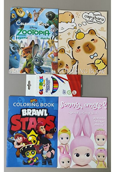 ada çanta kırtasiye 4 adet stickerli boyama kitabı ve 12 li kuru boya kalemi ...