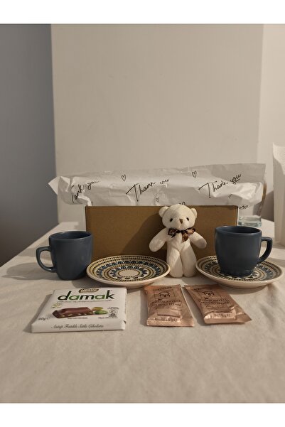 Butik Mavi ikili türk kahvesi fincanı, türk kahvesi, çikolata, ayıcık sevgili...