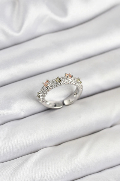 esplendor Adjustable Brass Ring with Zircon Stone Silver Color