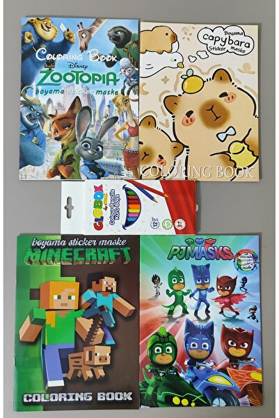 ada çanta kırtasiye 4 adet stickerli boyama kitabı ve 12 li kuru boya kalemi ...