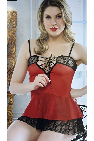 CHİCX Göğüs Dekolteli İp Bağlamalı Kırmızı Fantezi Gecelik