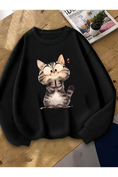 Kids Унисекс зимна блуза с принт на изненадана котка, черна