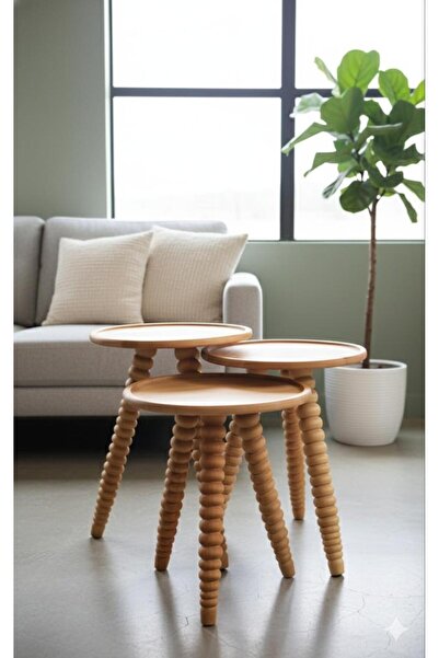 Rabo Craft Masif Doğal Ahşap Zigon Sehpa 3'lü Set, Modern Masif Yan Sehpa