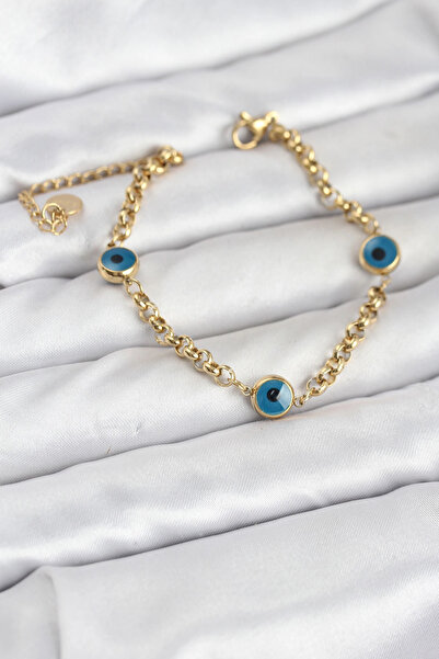 CT STONES سوار نسائي من الفولاذ 316L بتصميم العين الزرقاء بلون ذهبي