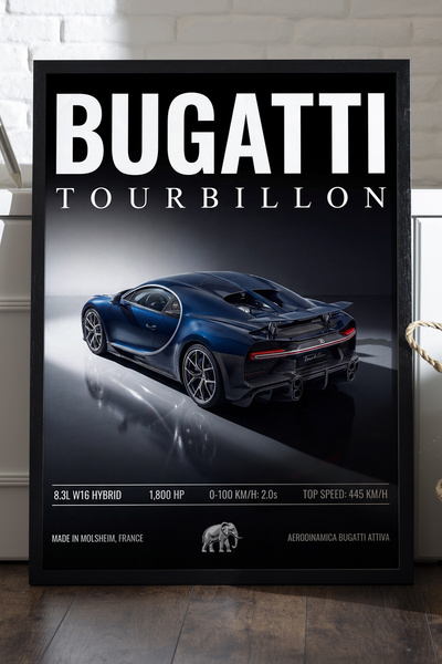 Duvarda Αφίσα Bugatti Tourbillon με μαύρο ξύλινο πλαίσιο, διακοσμητικός πίνακ...