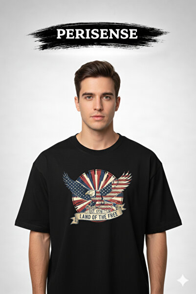 PERISENSE تي شيرت أمريكي للجنسين مطبوع من القطن الممشط الفاخر قصة فضفاضة