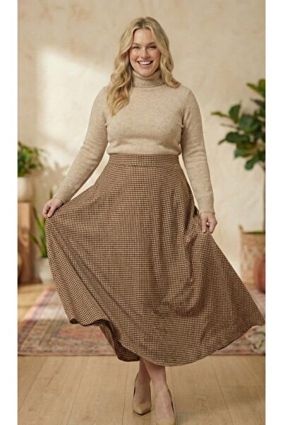 puerpuellamoda Büyük Beden Trend Kadın Kahverengi Pötikare Desenli Yüksek Bel...