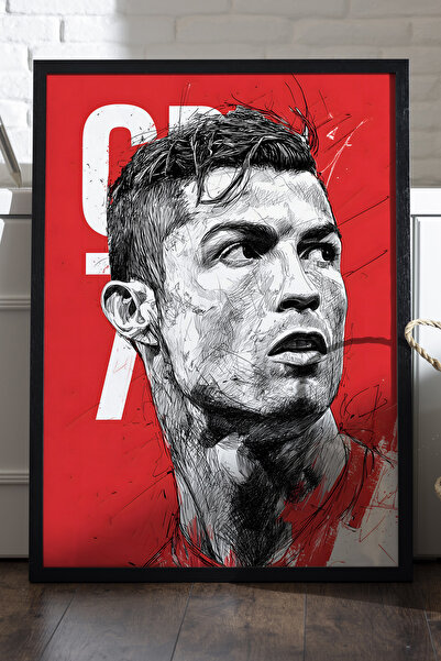 Duvarda Cristiano Ronaldo Siyah Ahşap Çerçeveli Poster, Dekoratif Futbol Duva...