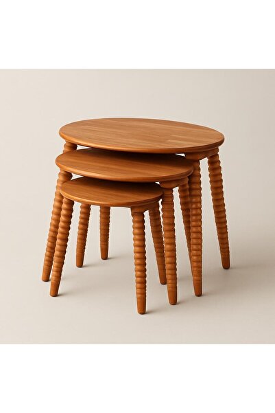 Rabo Craft Kayın Ağçı Masif Doğal Ahşap Zigon Sehpa 3'lü Set, Modern Masif Ya...