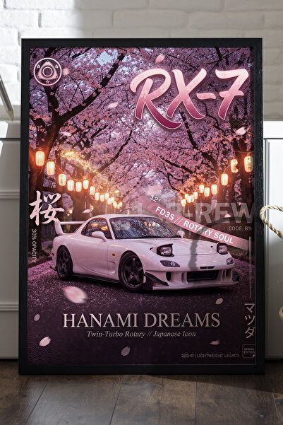Duvarda Mazda RX-7 Siyah Ahşap Çerçeveli Poster, Dekoratif Araba Duvar Tablosu