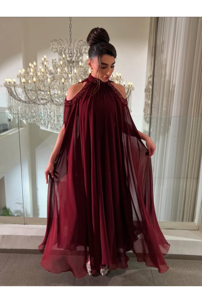 TREN Wine Red Cape Gown with Halter Neck | Embroidered Evening Dress for Wedd...