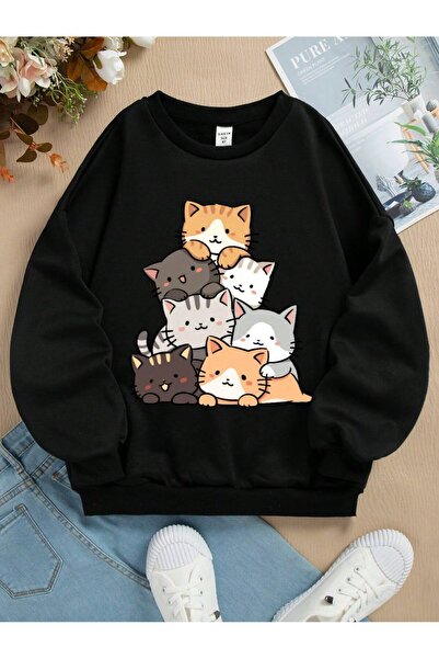 Kids Yedi Kedi Baskılı Unisex Kışlık Sweatshirt Siyah