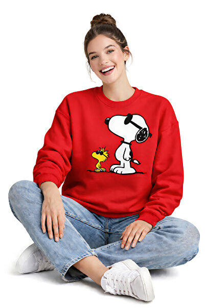 ArtYus Snoopy and Woodstock Printed Relaxed Fit Fleece-Lined 3 Thread Crewnec...