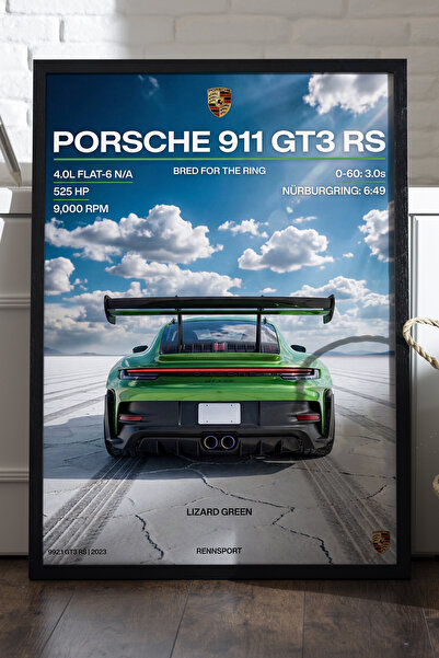 Duvarda Porsche 911 GT3 RS Siyah Ahşap Çerçeveli Poster, Dekoratif Araba Duva...