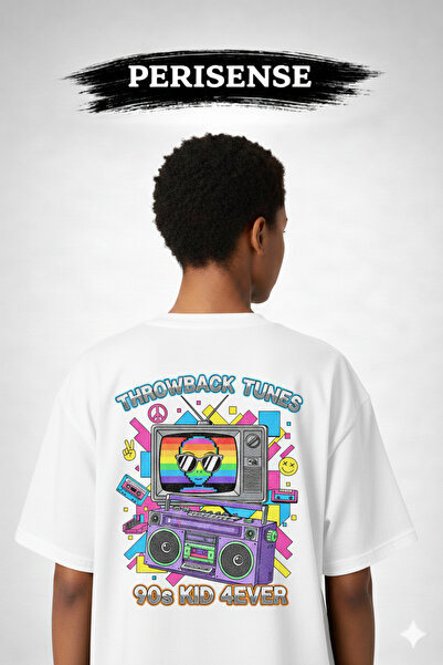 PERISENSE تي شيرت للجنسين 90s Nostalgia مطبوع من القطن الممشط الفاخر قصة فضفاضة