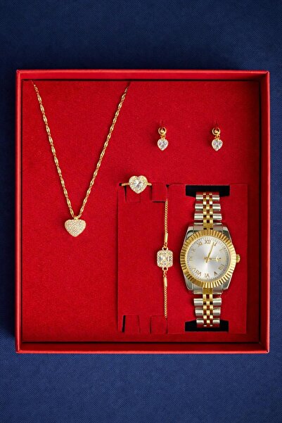SEES AKSESUAR Kadın Gold Gümüş Saat Çelik Kalp Kolye & Kalp Taşlı Takı Seti –...