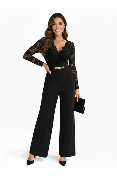 Mostpera Kadın Kruvaze Yaka Uzun Kollu Dantelli Toka Detaylı Uzun İthal Krep ...