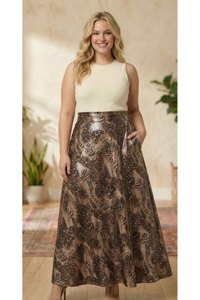 puerpuellamoda Büyük Beden Trend Kadın Bronz Metalik Görünümlü Leopar Desenli...