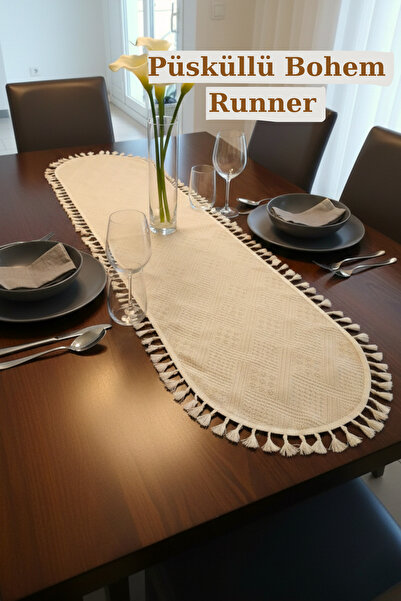KAMİZ Püsküllü Oval Bohem Pamuklu Runner