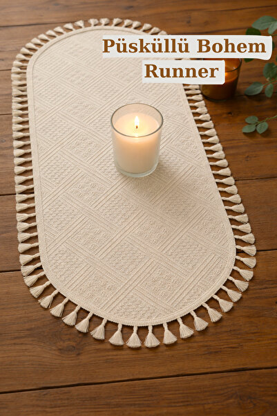 KAMİZ Püsküllü Oval Bohem Pamuklu Runner