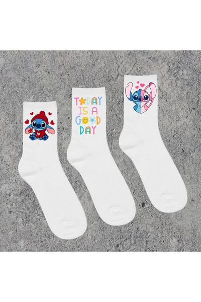 Tubinyoo جوارب مدرسية بيضاء من Stitch & Angel & Labubu & Cupcake مطبوع