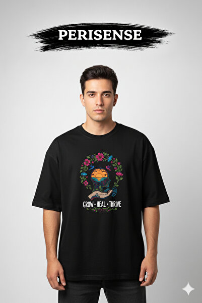 PERISENSE Tricou oversize unisex din bumbac pieptănat premium, cu imprimeu pe...