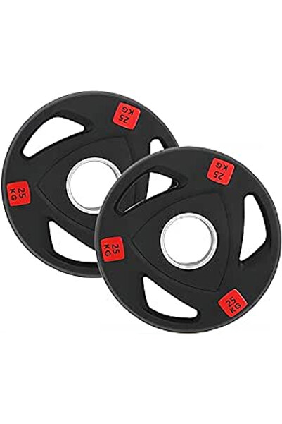 Generic Olympic Weight Plates Pair 25KG Rubber Coated Tri Grip Cast Iron 2 In...