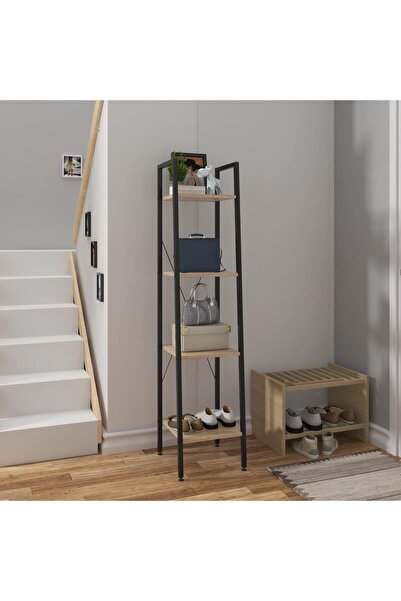 Bin shihoon A shelving unit made of metal and wood in beige and black.
