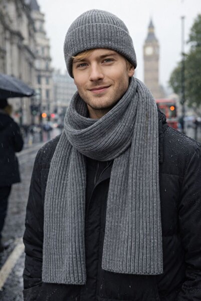 FELLMENS Gray Lux Wool Corded Fabric Knitted Men's Scarf and Beanie Set of 2 ...