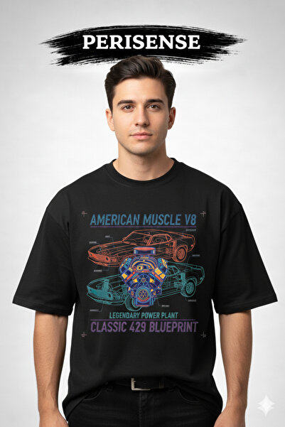 PERISENSE Unisex American Muscle Car Blueprint Printed Premium Combed Oversiz...