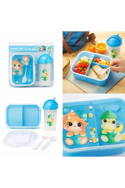 OEM Cutie pranz Copii 18x13x5 cm, Lunch Box cu 3 Compartimente, Tacâmuri cu S...