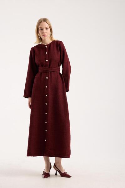 Zerya Collection Tesettür Kadın Bordo Tüvit Uzun Elbise