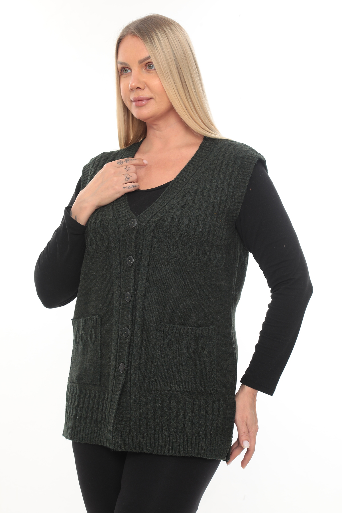 İKSUN Жіночий светр з ґудзиками, кишенями та V-подібним коміром, в'язаний з в...