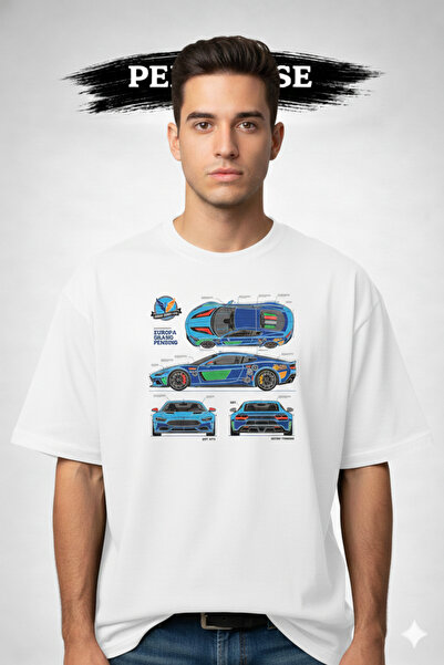 PERISENSE Unisex European Sports Car Blueprint Printed Premium Combed Oversiz...