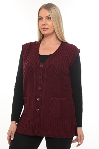 İKSUN Women's Buttoned Pocketed V-Neck Knitted Wool Mother Knitwear Winter Vest