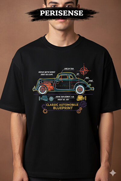 PERISENSE Unisex Vintage Classic Car Blueprint Printed Premium Combed Oversiz...