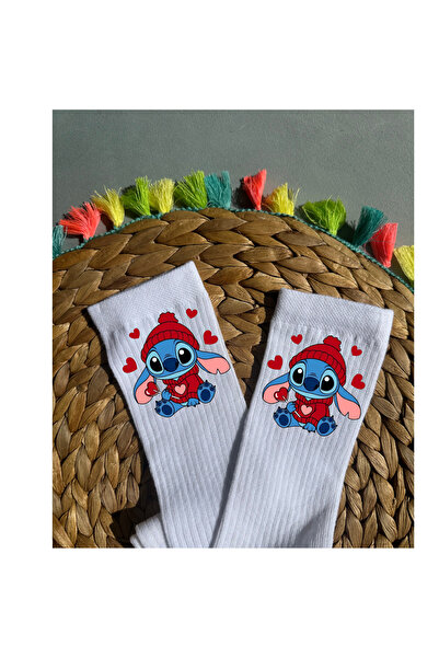 Tubinyoo Beyaz Renkli Stitch Love Baskılı Dizaltı Okul Çorabı