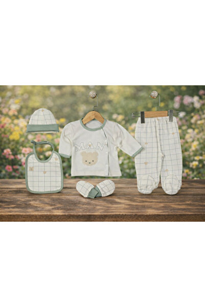 Gaye Premium Ayıcık Desenli Organik Yenidoğan Hastane Çıkışı Seti – 5 Parça