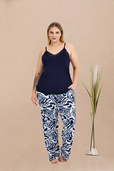 MOPİ Plus Size Patterned Suspender Lace Detailed Comfortable Wear 2-Piece Paj...