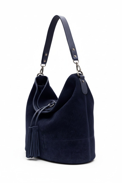 Mufflon Leather Collection Hakiki Deri Süet Püsküllü Kadın Omuz Çantası Lacivert
