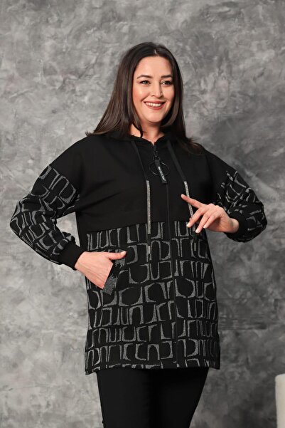 LİLİ BUTİK KAPŞONLU SWEAT HIRKA BÜYÜK BEDEN ŞIK TAŞ DETAYLI