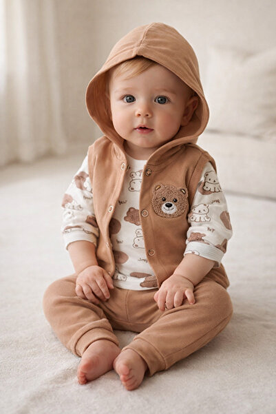 MYZİ STORE Baby Boys 2-Piece 3-Piece Set 100% Cotton Bear Embroidery Comforta...