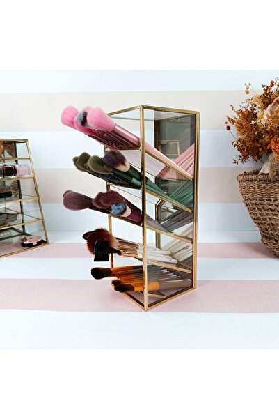 EsaDesign Mirrored Glass Makeup Brush Organizer with Brass Frame 5 Compartmen...