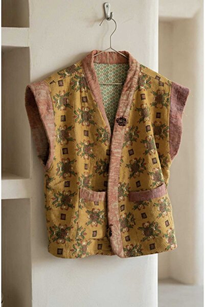 Yoncha Kadın Kantha Yelek Vintage Eskitme El İşçiliği %100 Pamuk – Kemerli