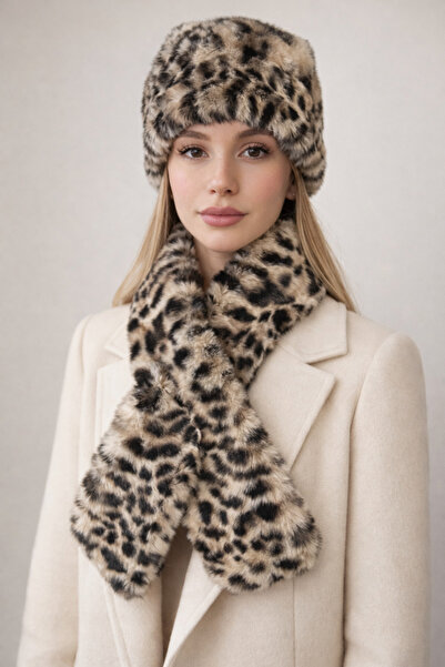 Şirin Giyim Aksesuar Set de 2 pălării și eșarfe din pluș Leopard - Pălărie și...