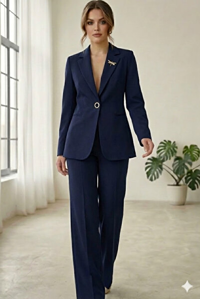 diaves Lacivert Kadın Aksesuarlı Astarlı Tek Düğme Blazer Ceket & Kumaş Panto...